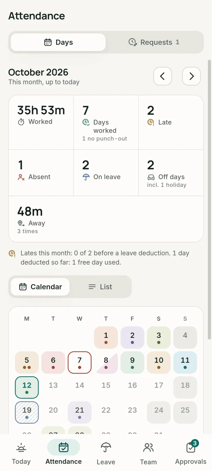 Atpin Attendance: month stats and a colour-coded calendar of present, late, leave and holiday days.