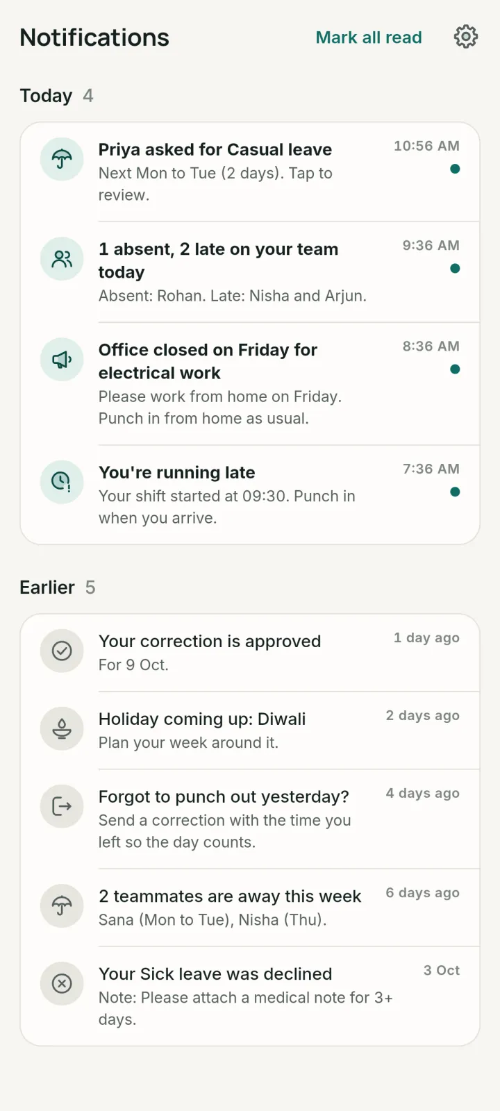 Atpin notifications: leave requests, team digest, announcements and reminders.