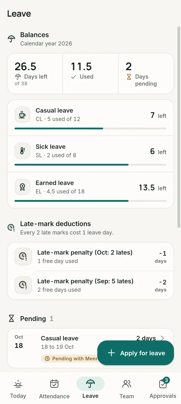 Atpin Leave: balances for casual, sick and earned leave, late-mark deductions and pending requests.