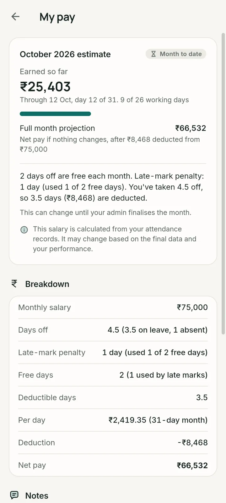Atpin My pay: October estimate, earned so far and the full month projection with a breakdown.