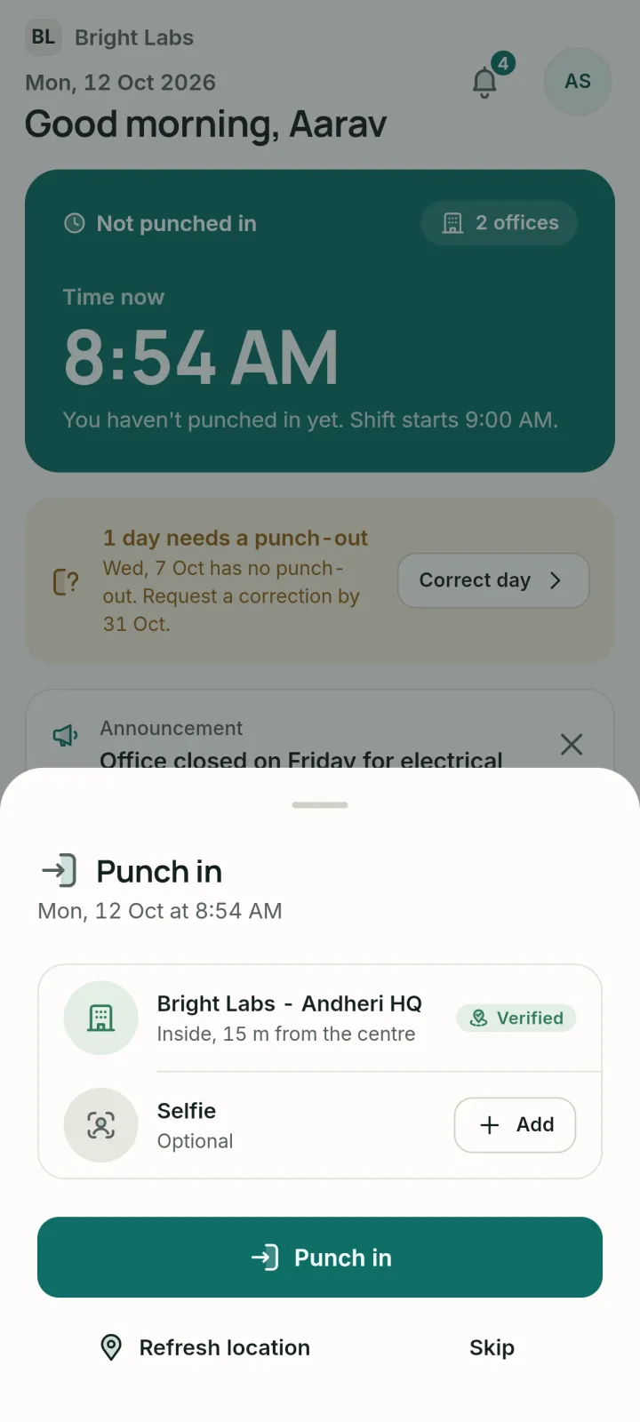 Atpin punch in sheet: inside Bright Labs Andheri HQ, 15 m from the centre, verified, with an optional selfie.
