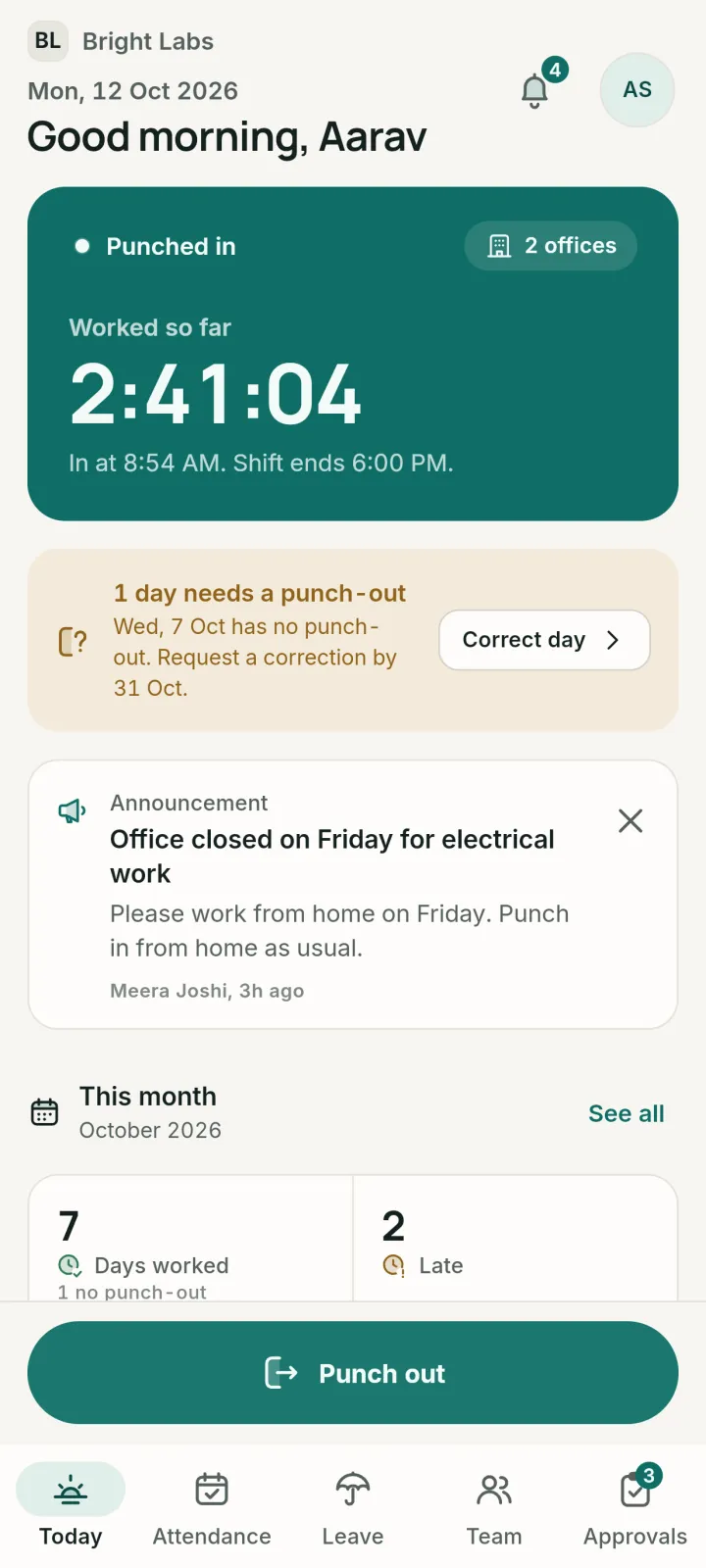 Atpin Today screen: punched in at 8:54 AM, 2 hours 41 minutes worked so far.