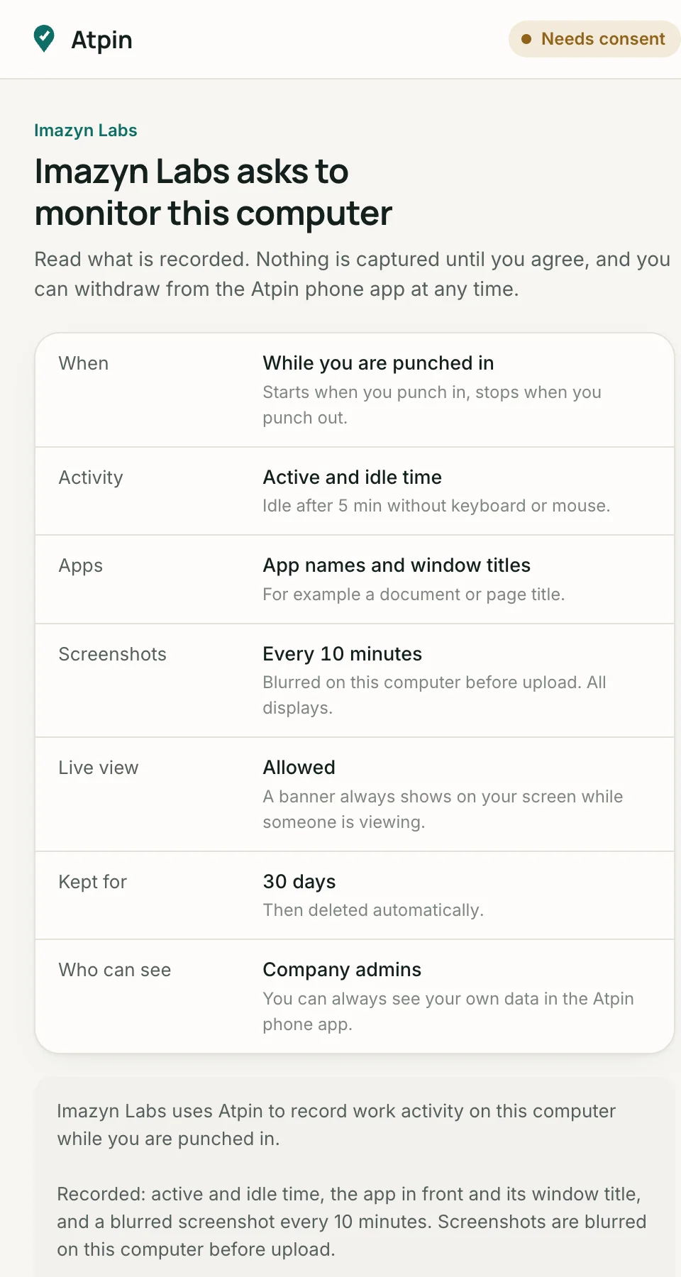 Atpin Desktop consent screen: Imazyn Labs asks to monitor this computer, listing when, activity, apps, screenshots, live view, retention and who can see.
