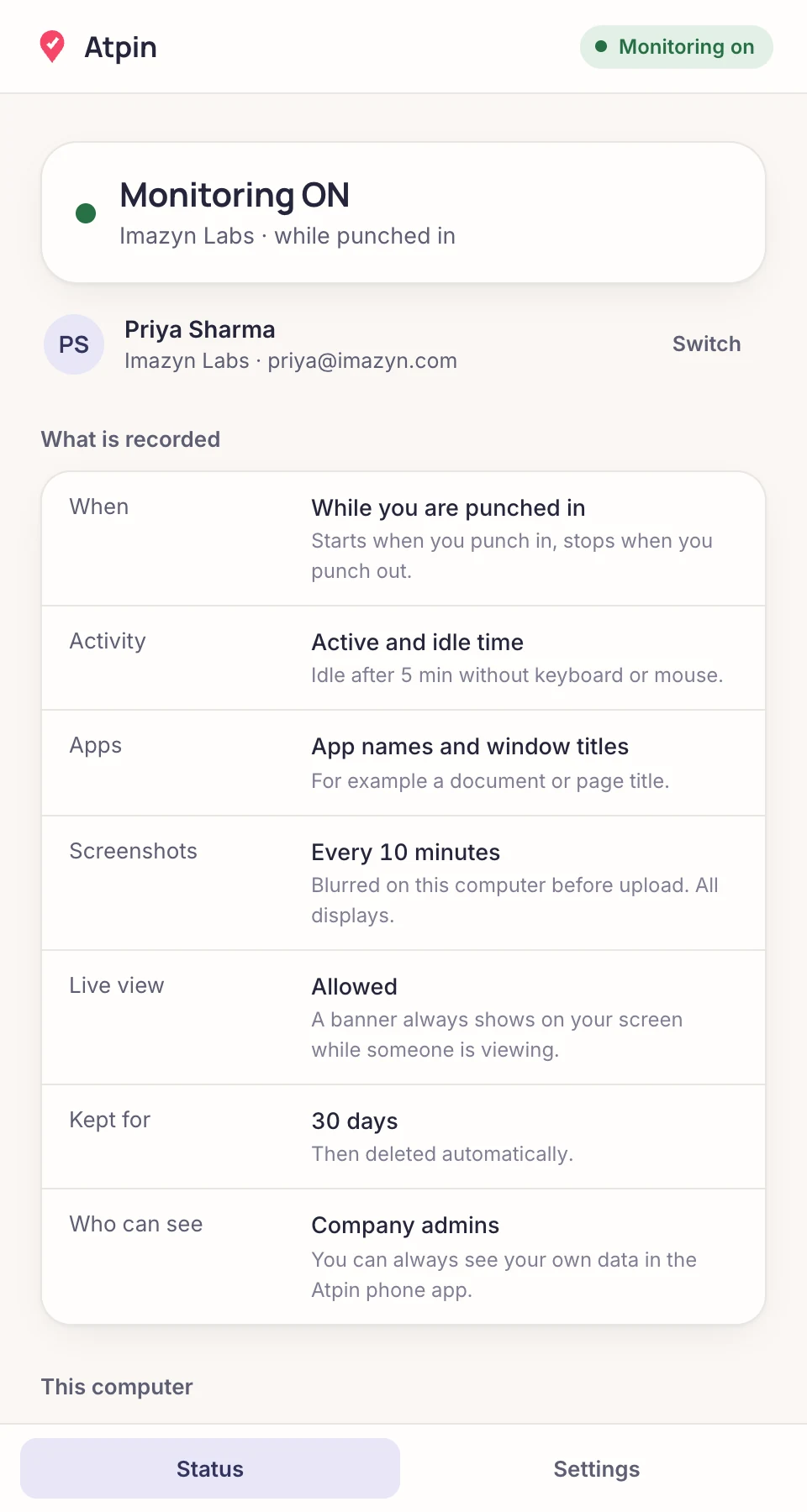 Atpin Desktop status screen: Monitoring ON while punched in, with the recorded items listed.